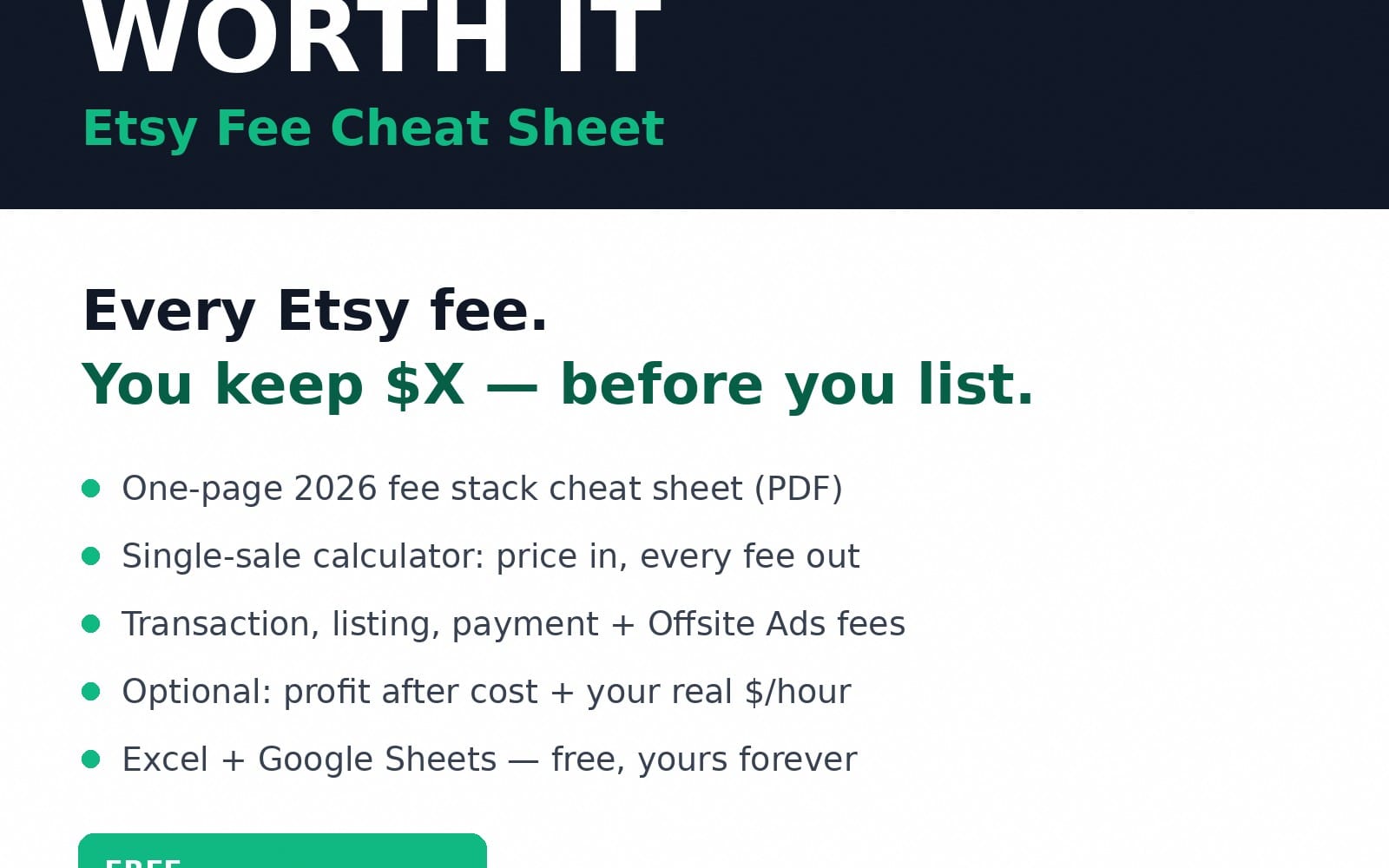 Etsy fee cheat sheet and single-sale calculator product cover with text and bullet points on a dark-blue layout