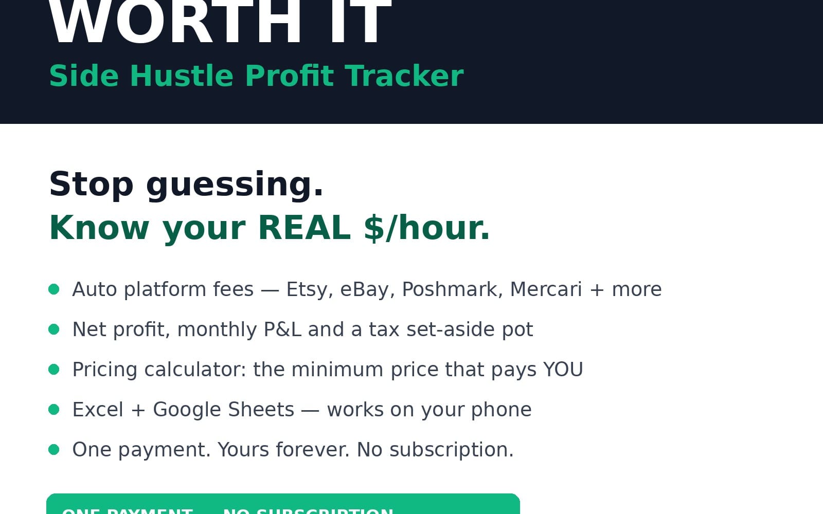 Side hustle profit tracker Excel and Google Sheets banner with text about real $ per hour