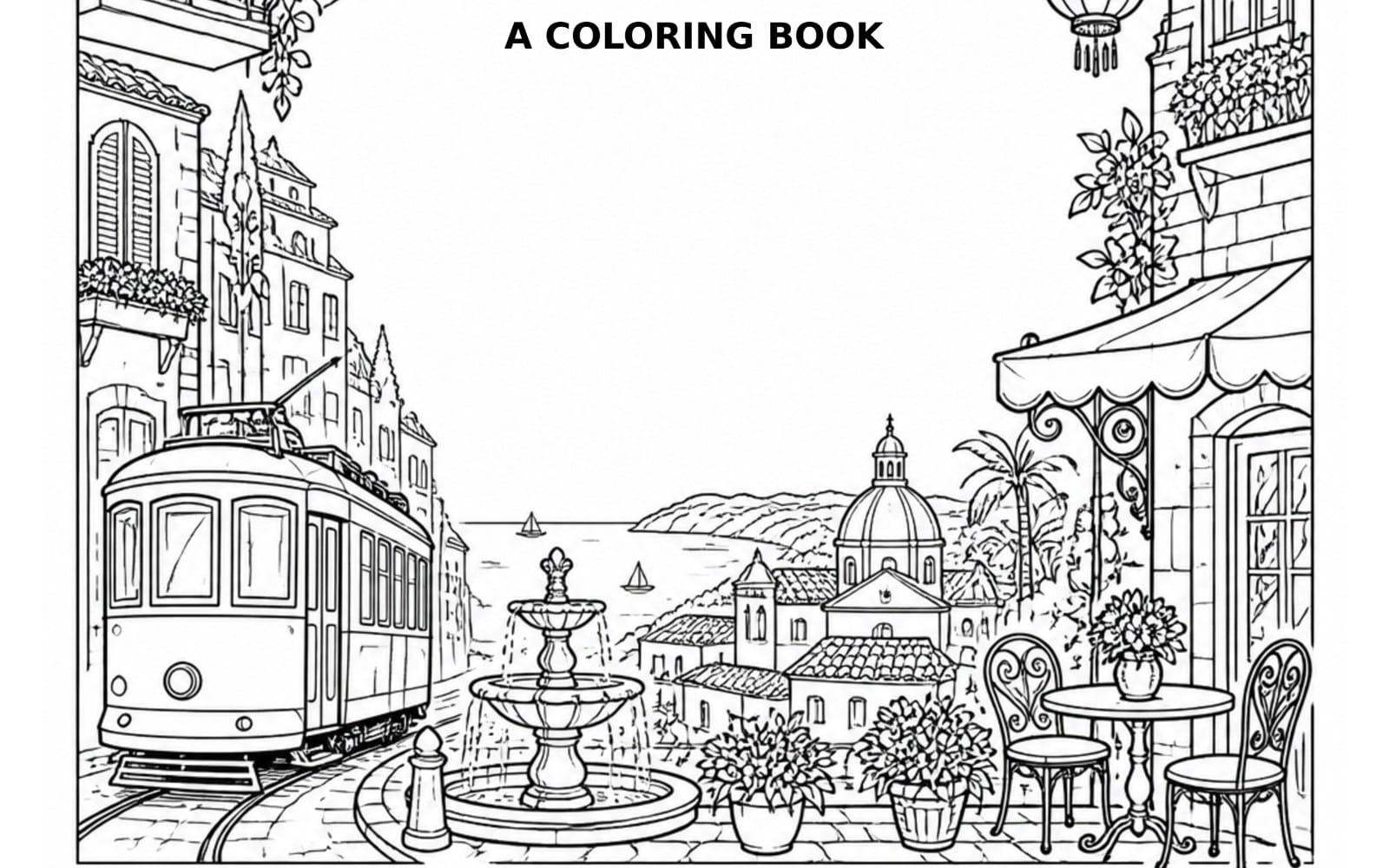 Black and white line-art city street scene with buildings, fountain, and patio seating in a coloring book style