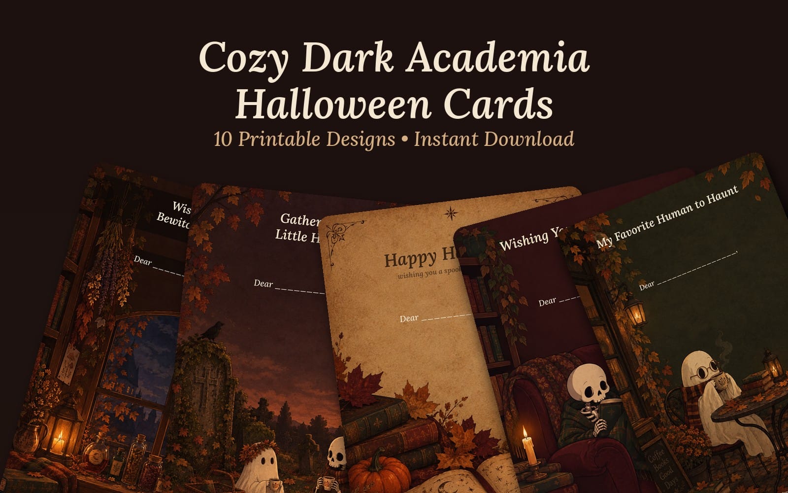 Cozy dark academia Halloween cards bundle showing multiple printable designs with spooky vintage books and candles