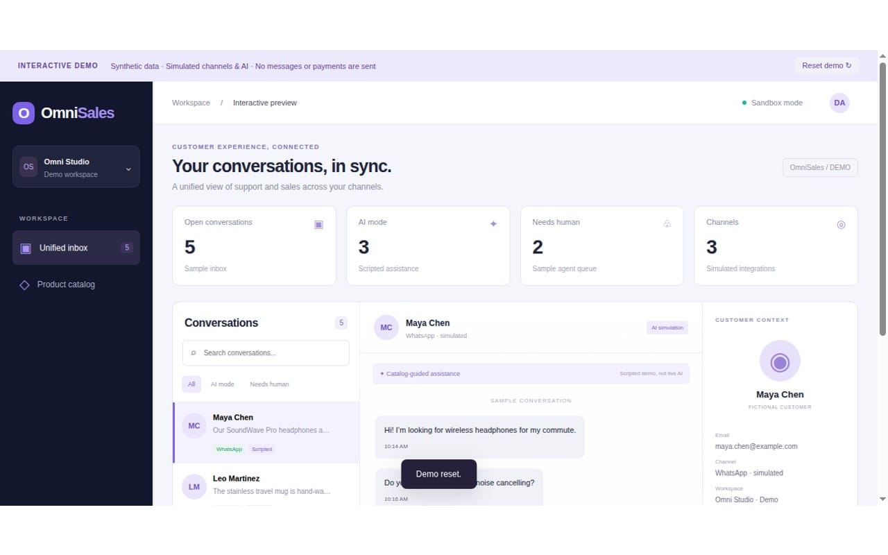 OmniSales AI-assisted omnichannel inbox dashboard source-code starter demo screen with conversations, channels, and AI