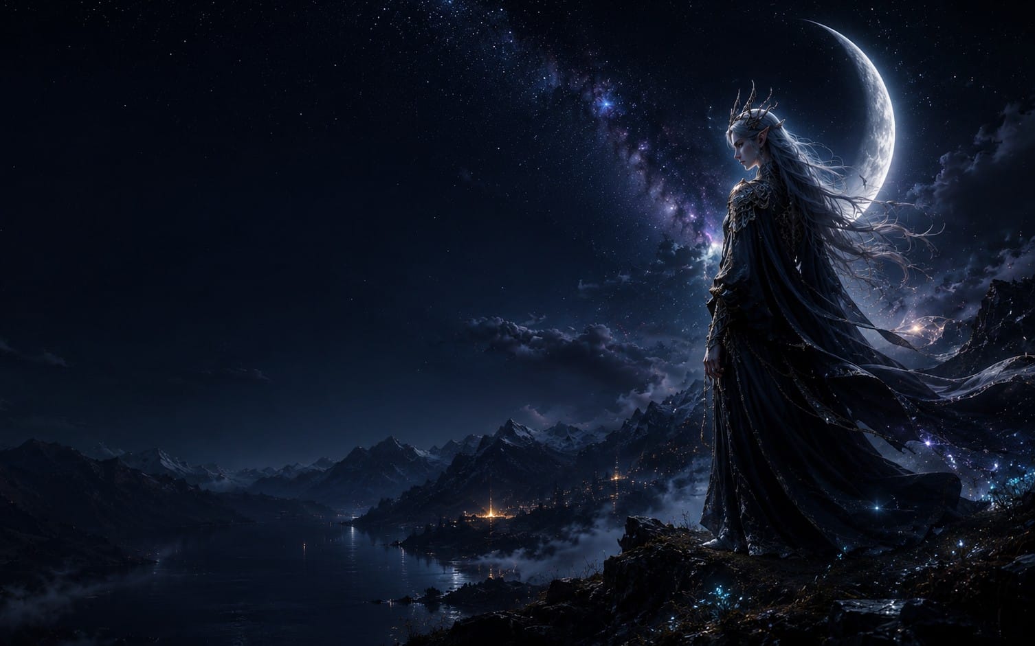 Moonlit Elven Queen — Dark Fantasy Galaxy Wallpaper