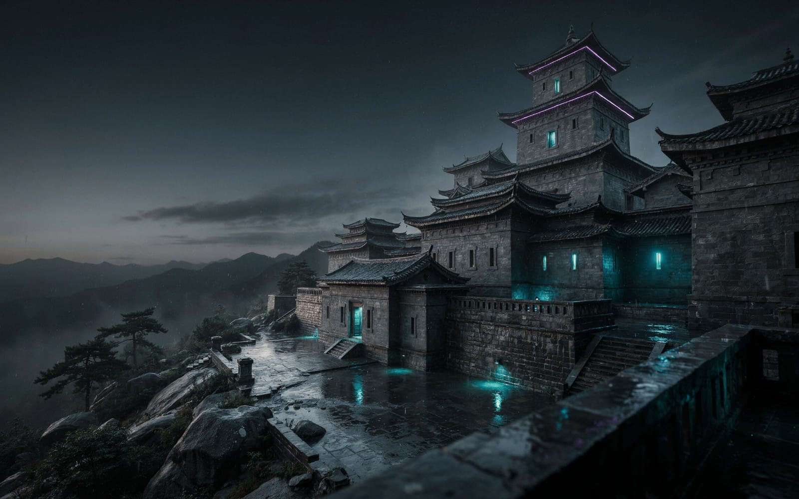 Neon cyberpunk Japanese fortress at night with glowing purple and teal lights, digital artwork landscape background
