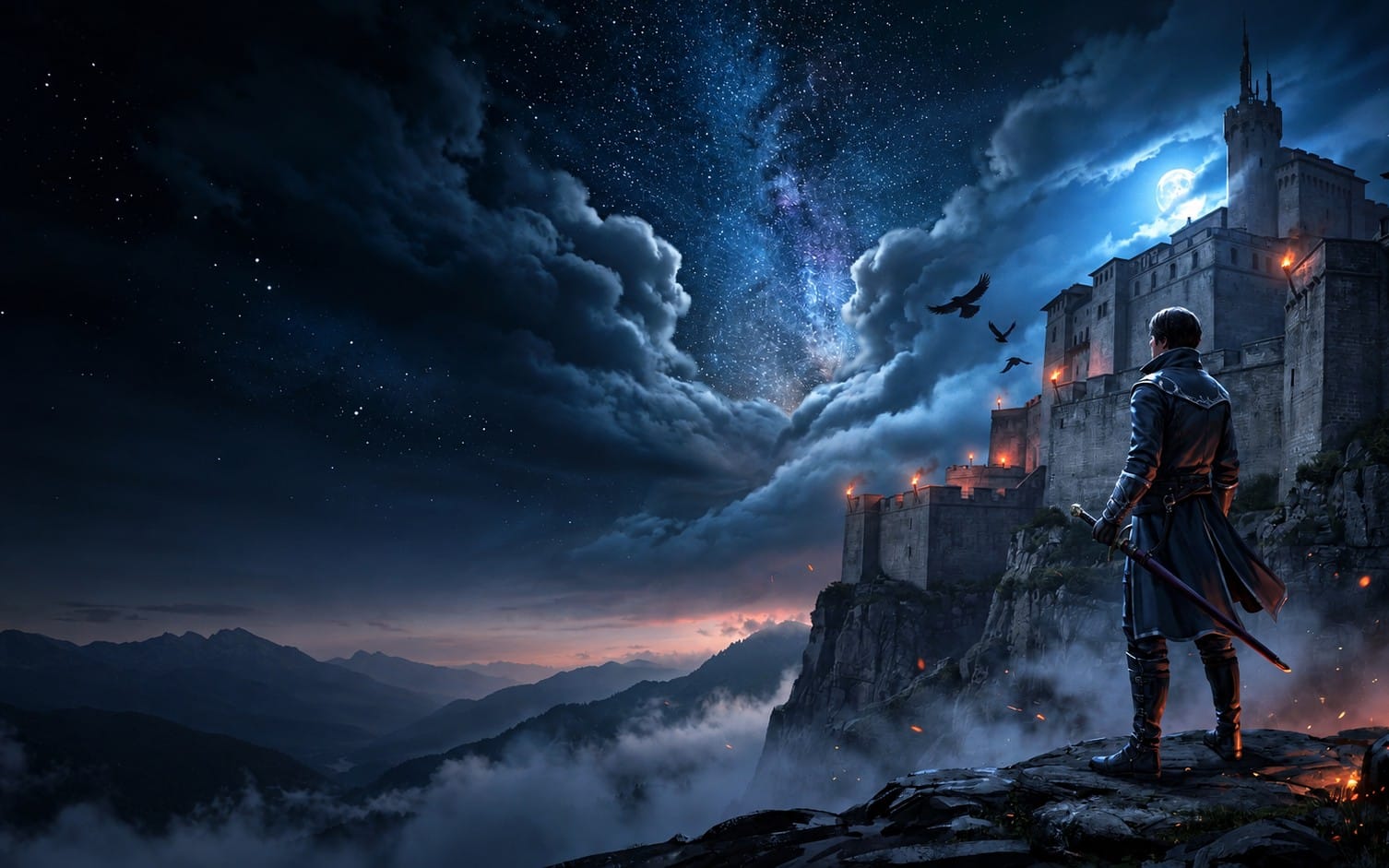 Fantasy game key art showing a lone swordsman overlooking a moonlit fortress under a starry sky with birds and flames