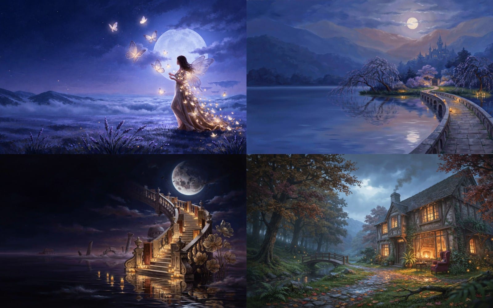 Cinematic fantasy wallpaper set showing a moonlit river path and enchanted cottage scenes with glowing butterflies