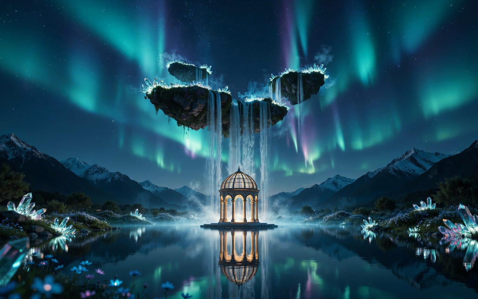 Celestial Aurora Sanctuary: Floating Crystal Falls