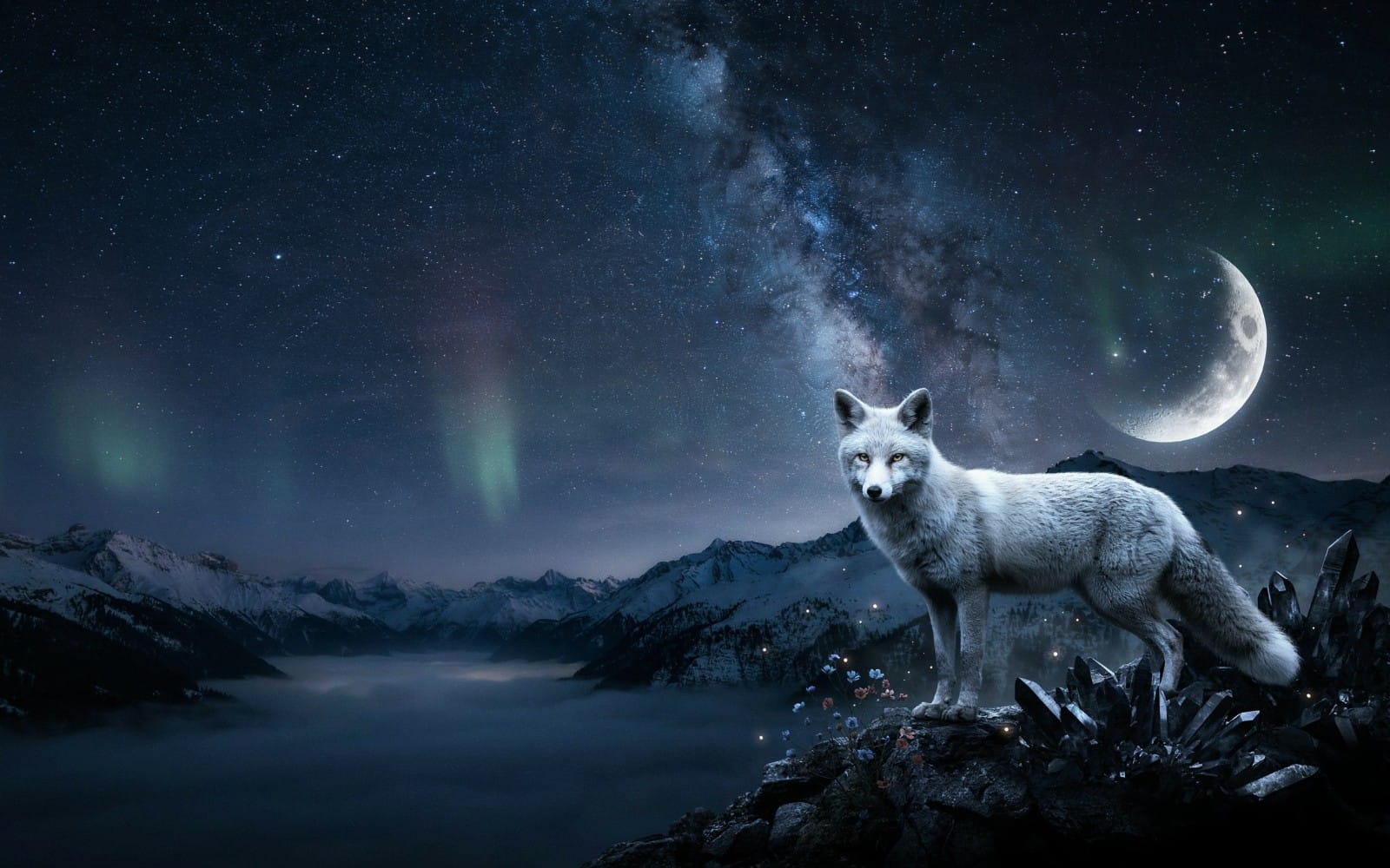 Ethereal White Fox Under the Moonlit Night Sky