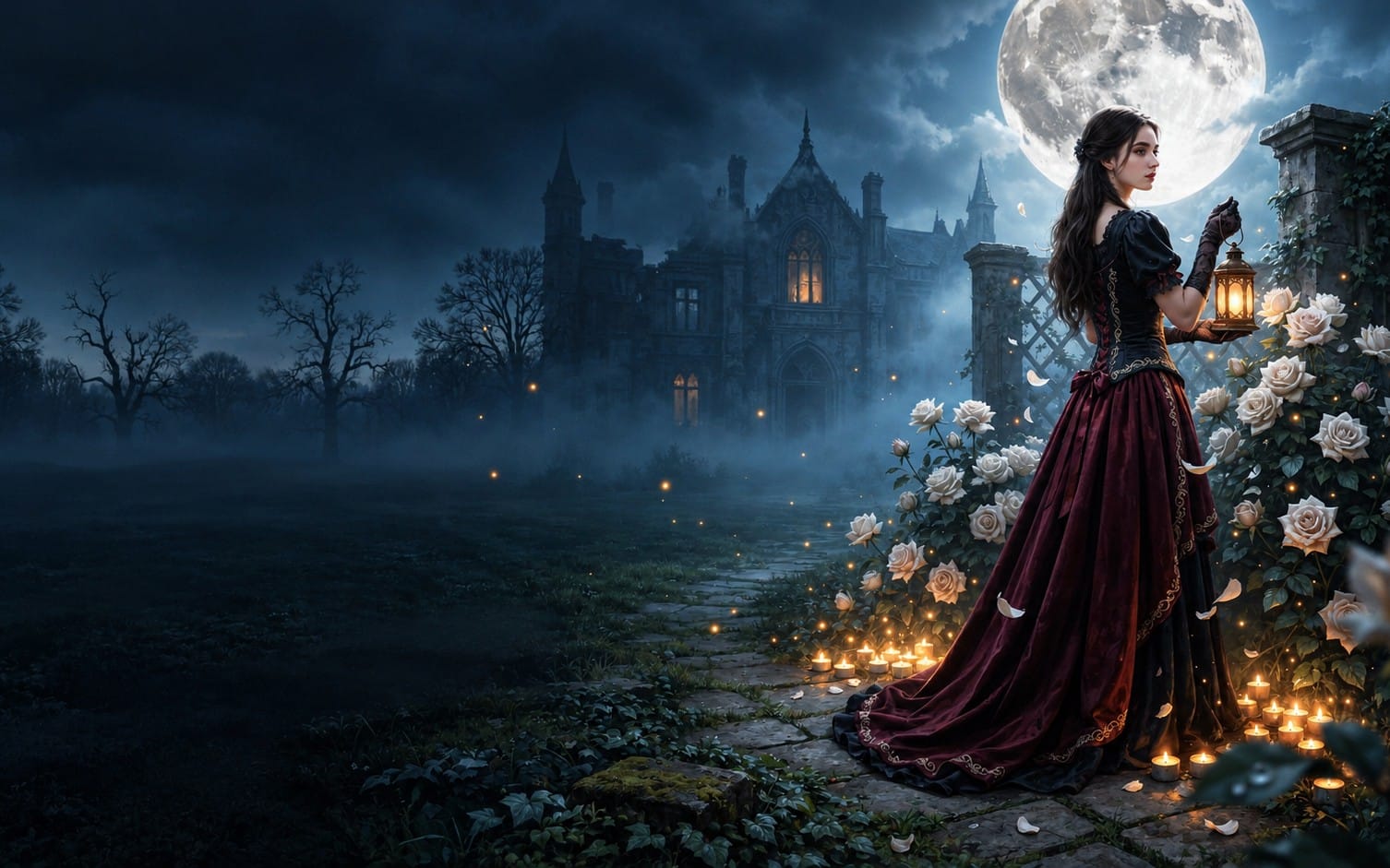 Gothic fantasy wallpaper with moonlit haunted castle garden, candle lights, and a woman holding a lantern among roses