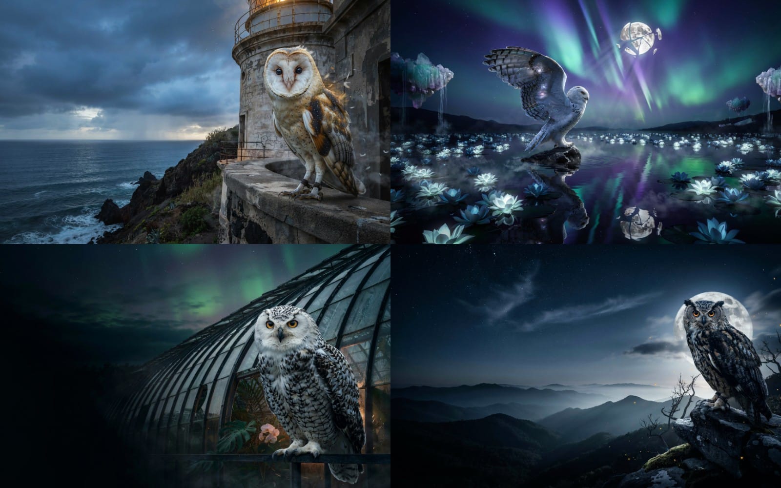 Four cinematic owl wallpapers featuring snowy and dark owls with aurora skies and moonlit landscapes