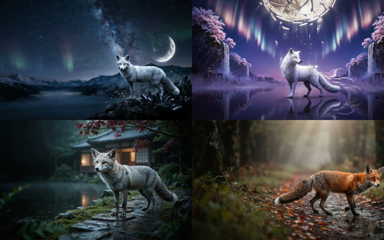 Two fantasy fox wallpaper scenes with snowy wolves, moonlit aurora forest, and illustrated mythical creatures bundle