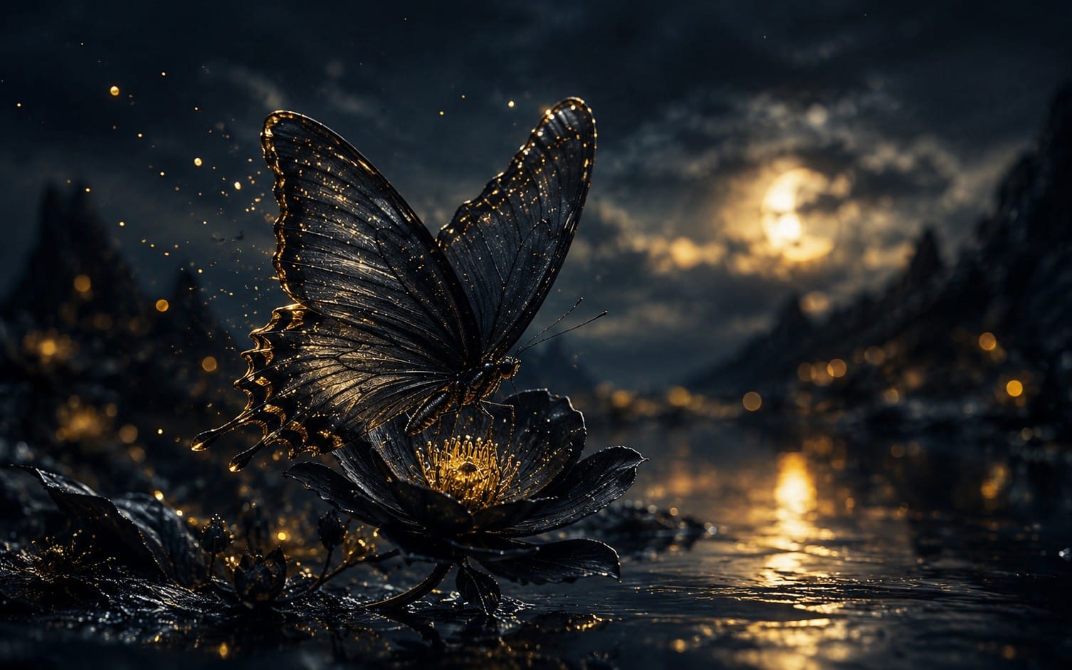Midnight Gold Butterfly: Dark Moonlit Elegance