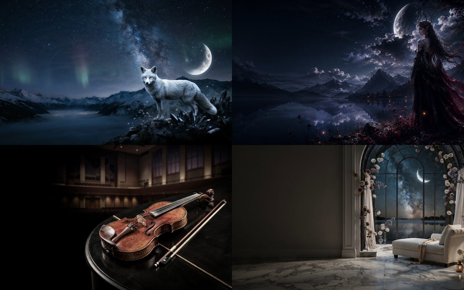 Collage of three cinematic fantasy desktop wallpapers with a wolf at night, violin in a hall, and moonlit floral arch