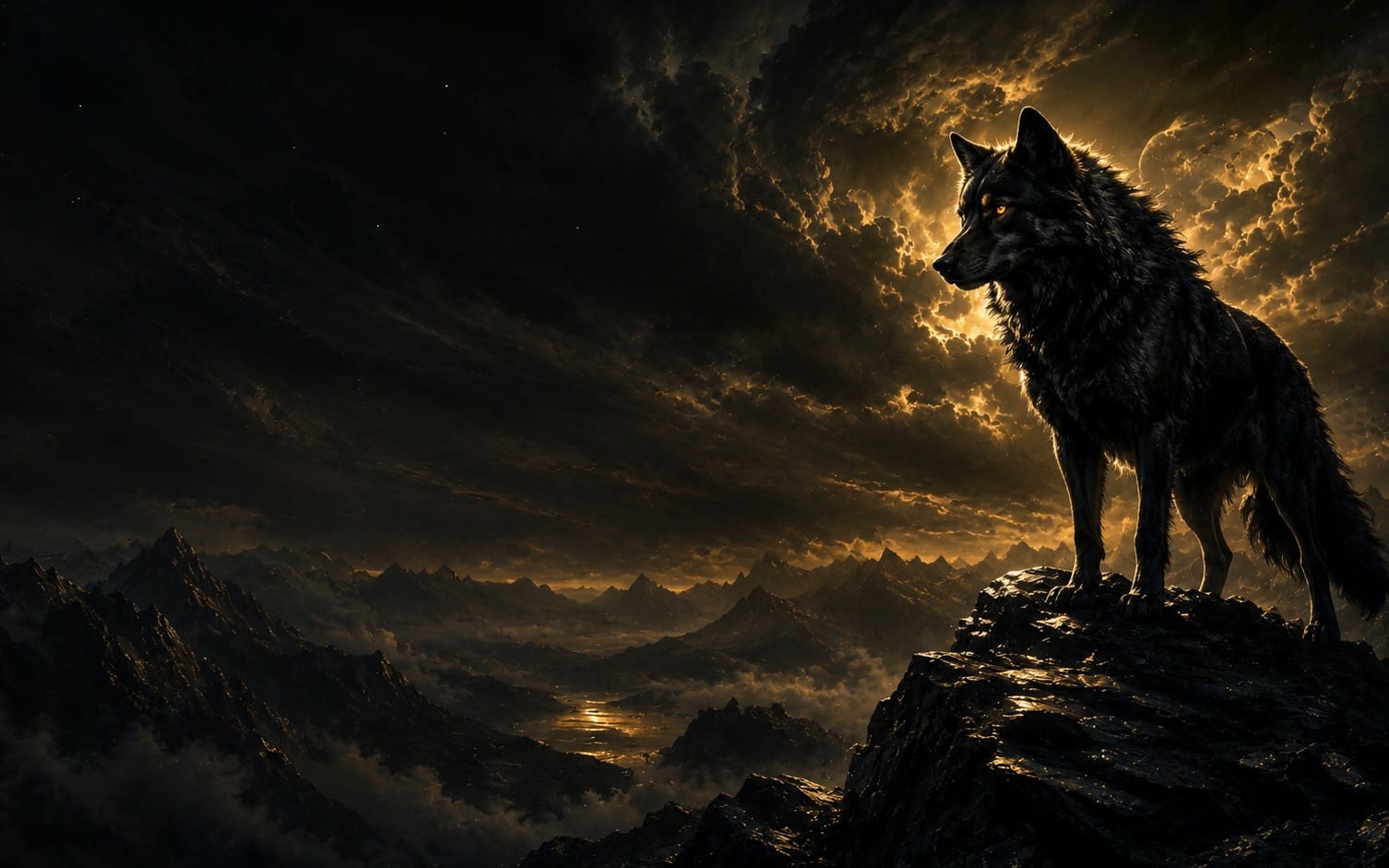 Dark Golden Wolf — Epic Mountain Fantasy Landscape Wallpaper