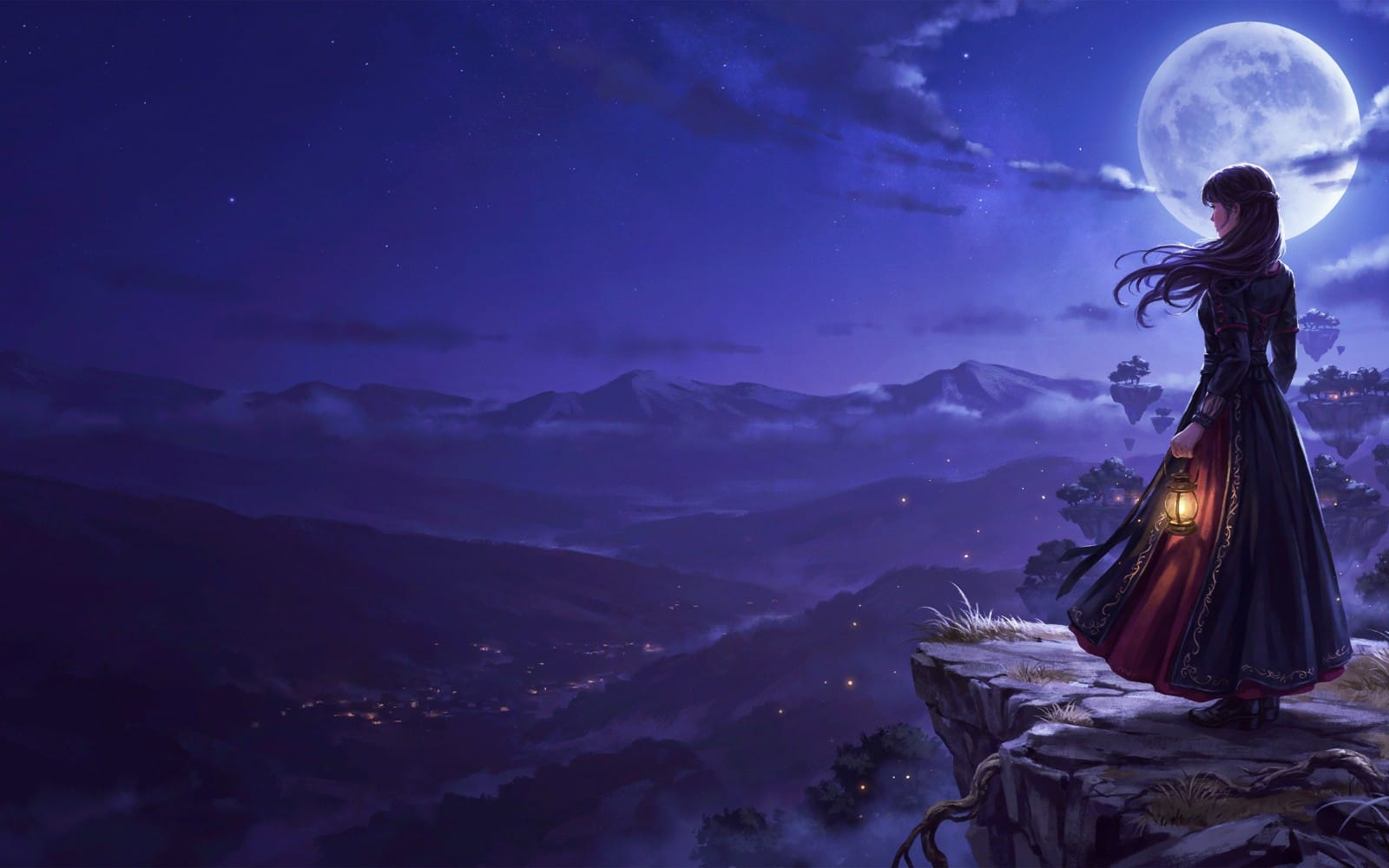 Fantasy wallpaper featuring a moonlit valley, a large full moon, and a cloaked girl holding a lantern on a cliff