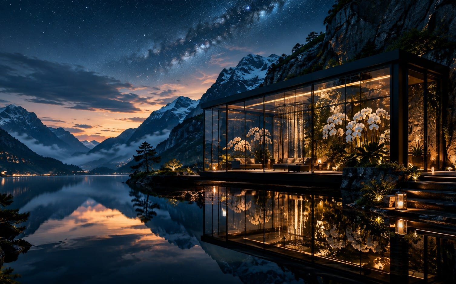 Luxury mountain lake scene with a glass retreat house at night, starry sky, glowing lights, and reflected snow peaks