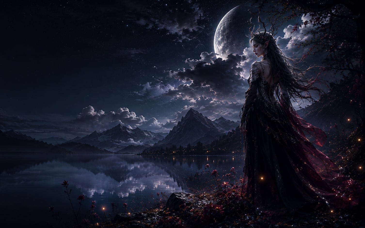 Moonlit Enchantress — Dark Fantasy Lake Wallpaper
