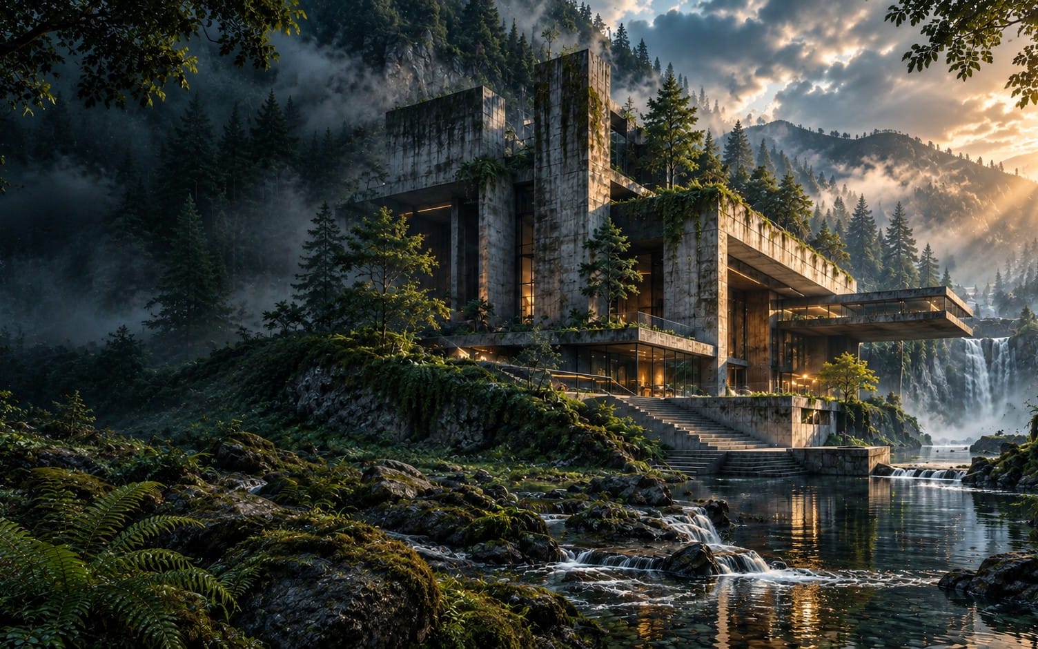 Brutalist mountain retreat wallpaper showing a modern concrete lodge with waterfalls and pine forest at sunset