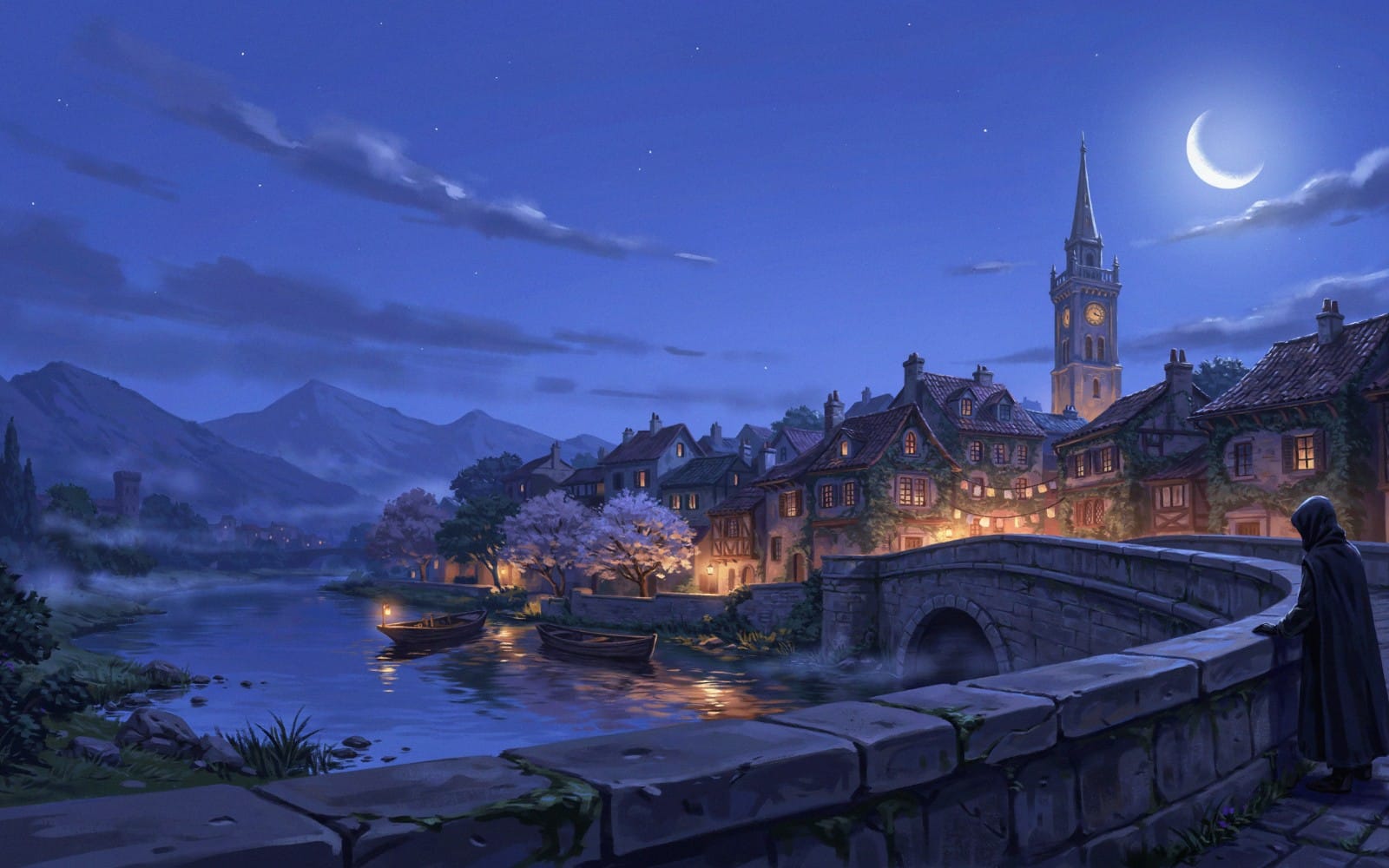 Moonlit fantasy village wallpaper with lit riverside houses, boats, arched bridge, and a church tower under a crescent