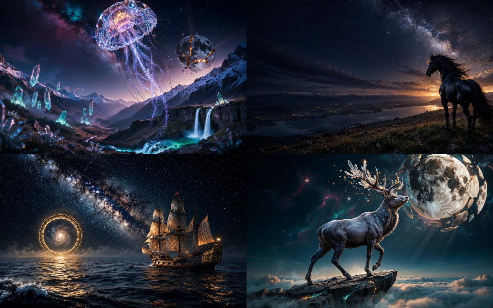 Two-panel bundle of cinematic fantasy desktop wallpapers with cosmic creatures, mountains, waterfall, ship, and a stag