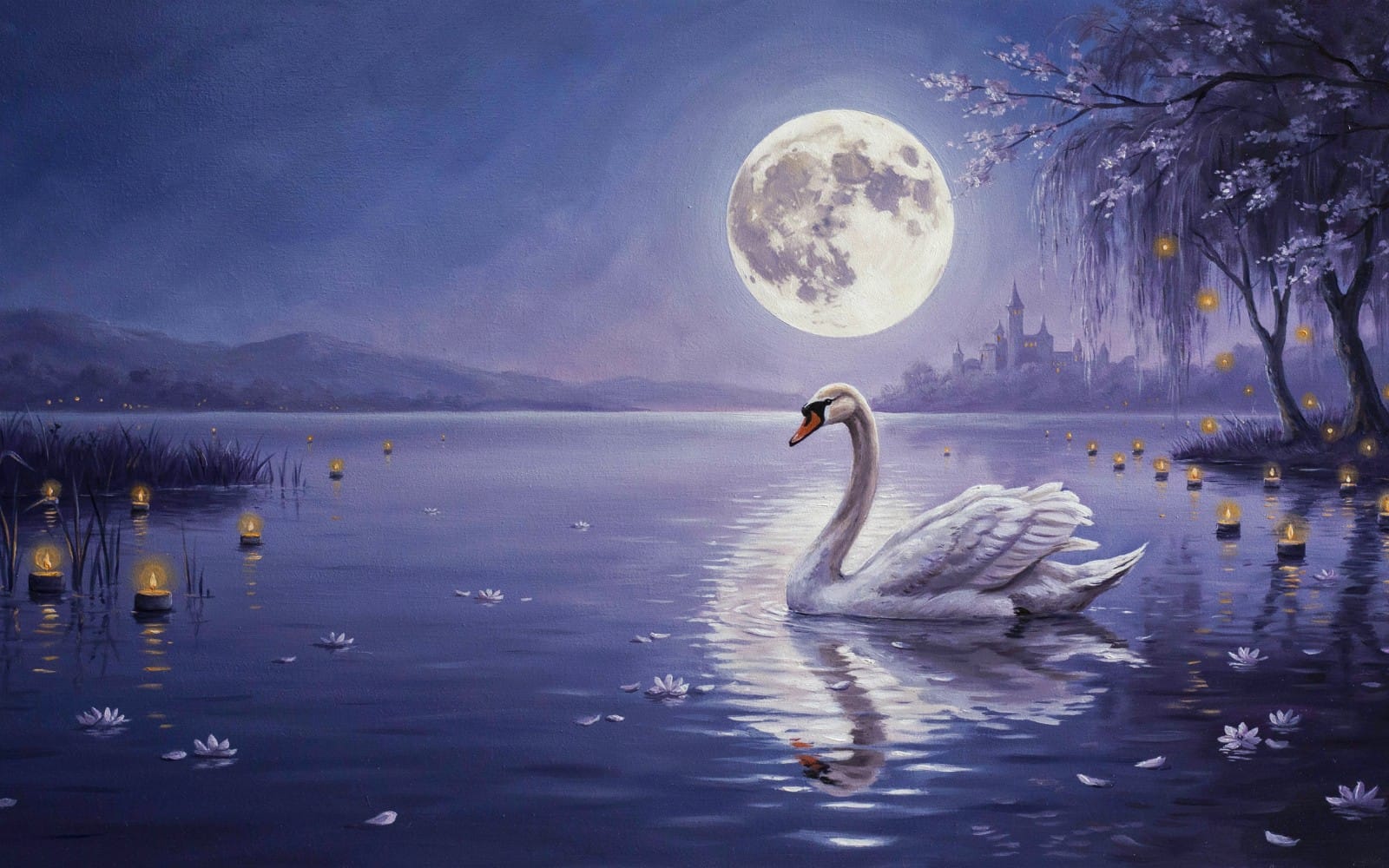 Fantasy wallpaper of a white swan on a moonlit lake with glowing lanterns, petals, and a misty castle skyline