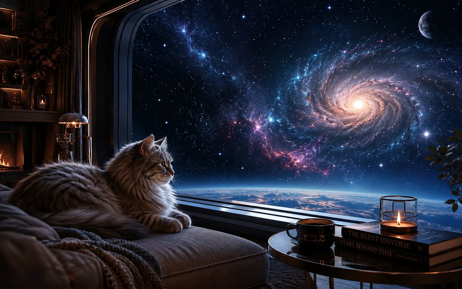 Cosmic Window — Cat Watching the Galaxy