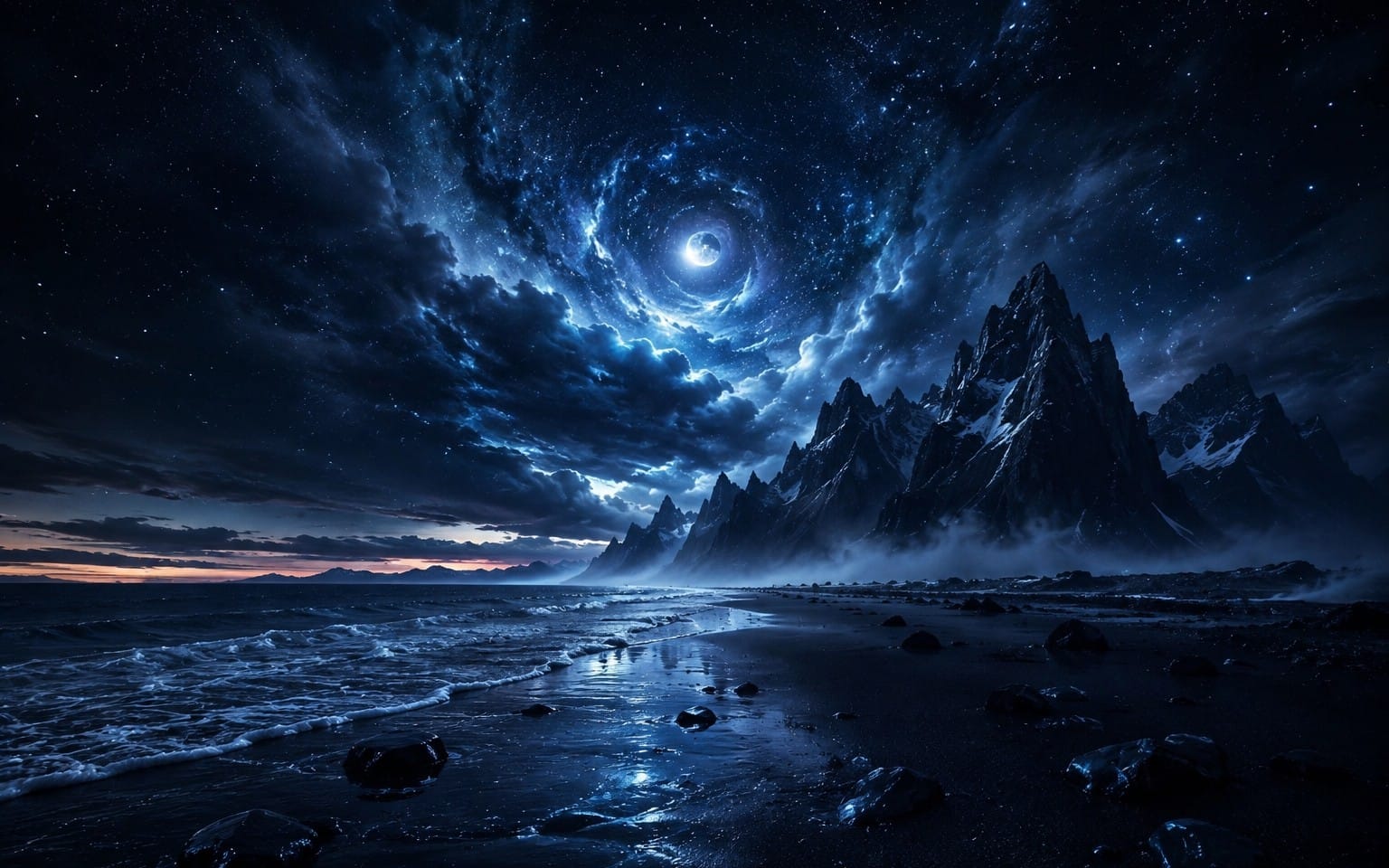 Midnight Cosmic Shore | Dark Fantasy Mountain & Celestial Moon Wallpaper