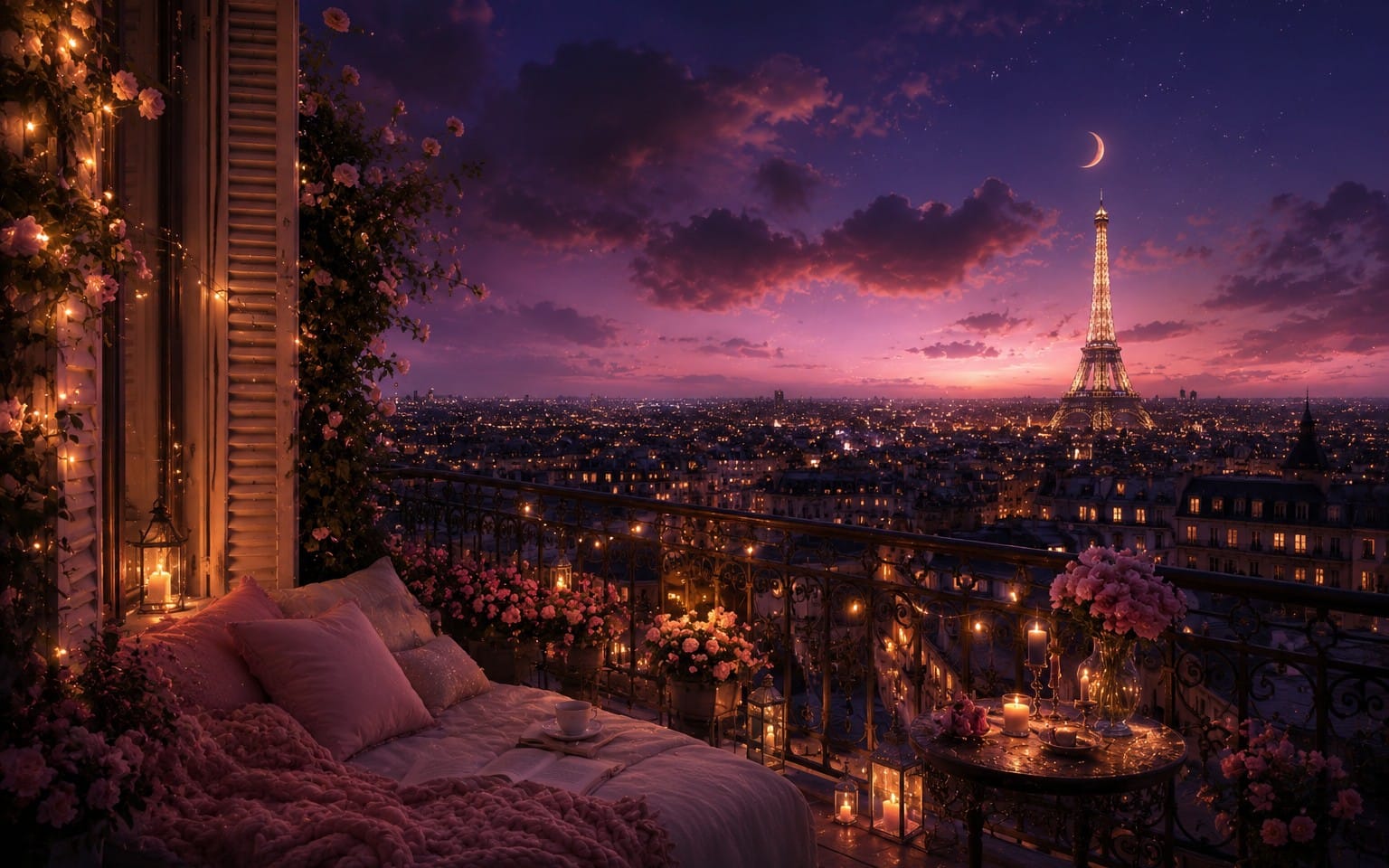 Parisian Moonlight Romance — Luxury Pink & Purple Cityscape Wallpaper