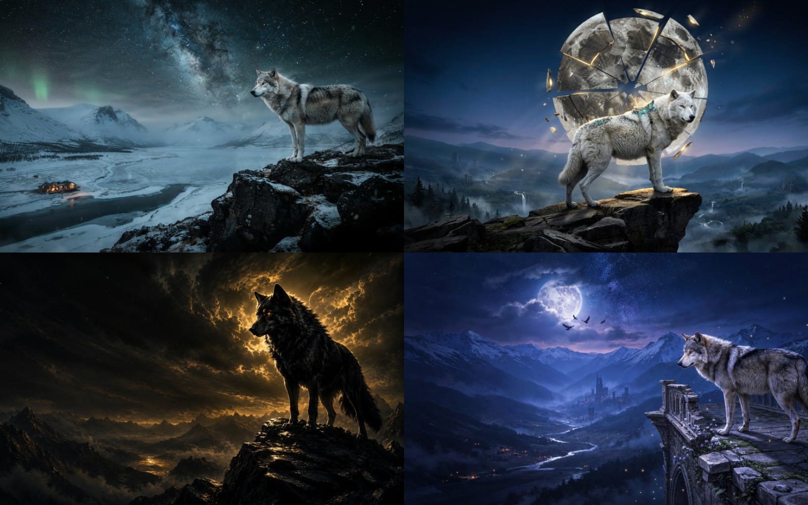 Cinematic fantasy wolf wallpaper set showing four snowy wolves and moonlit ruins in dramatic landscapes