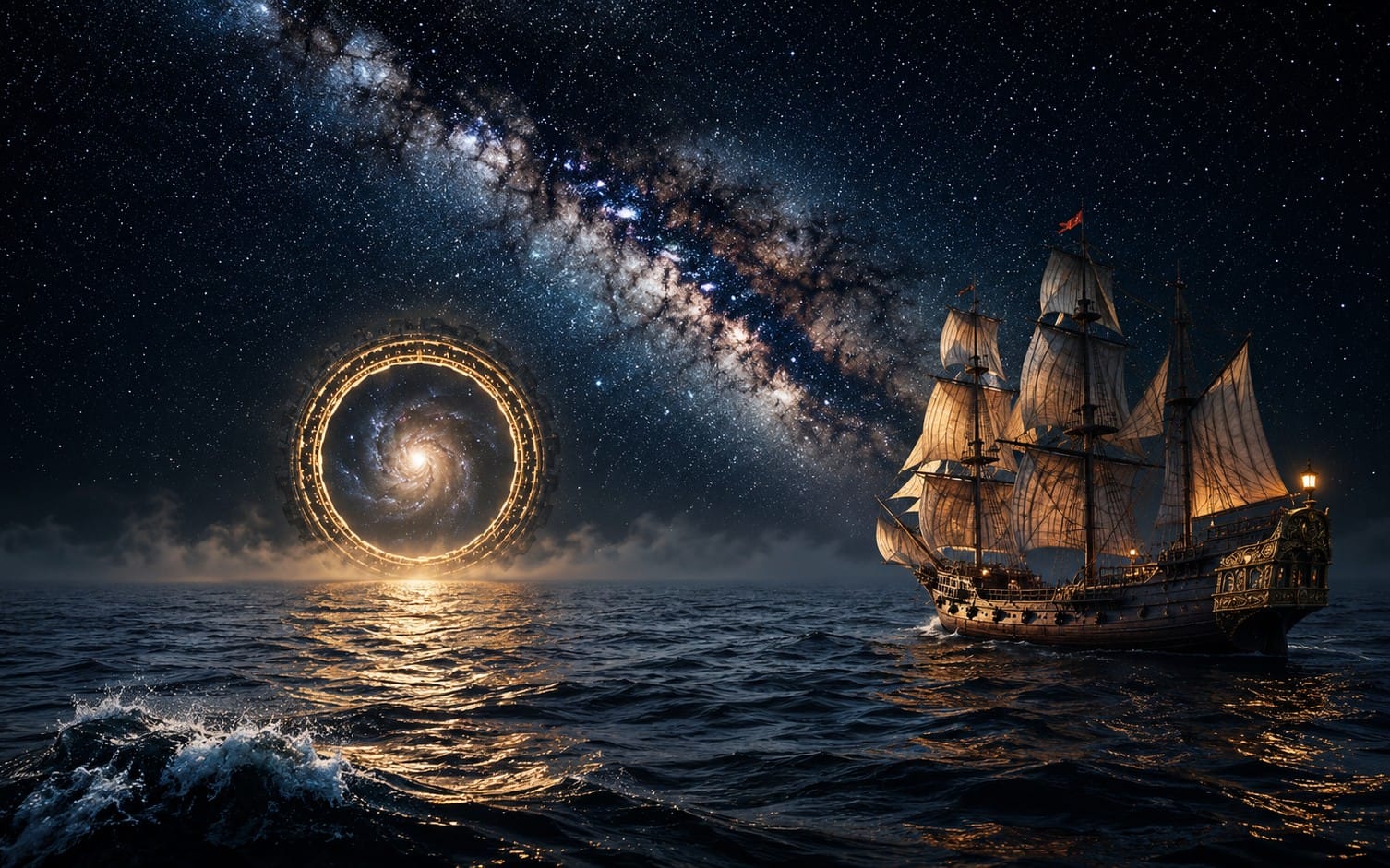 Celestial-themed digital artwork with a sailing ship on ocean waves under a star-filled Milky Way sky