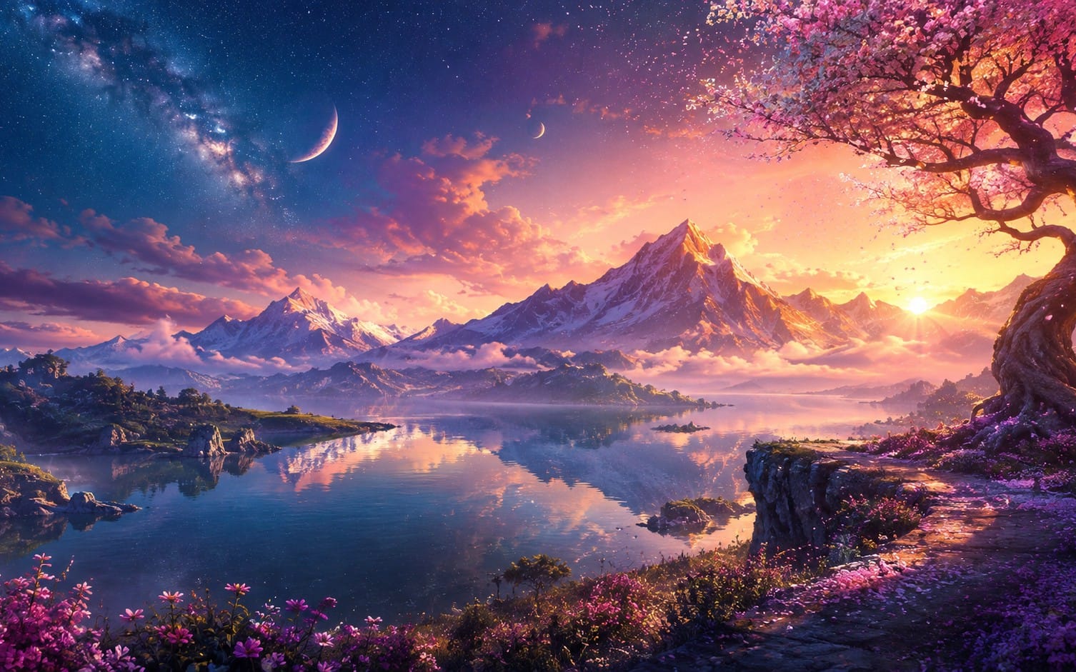 Celestial Blossom Lake — Dreamy Fantasy 4K Desktop Wallpaper