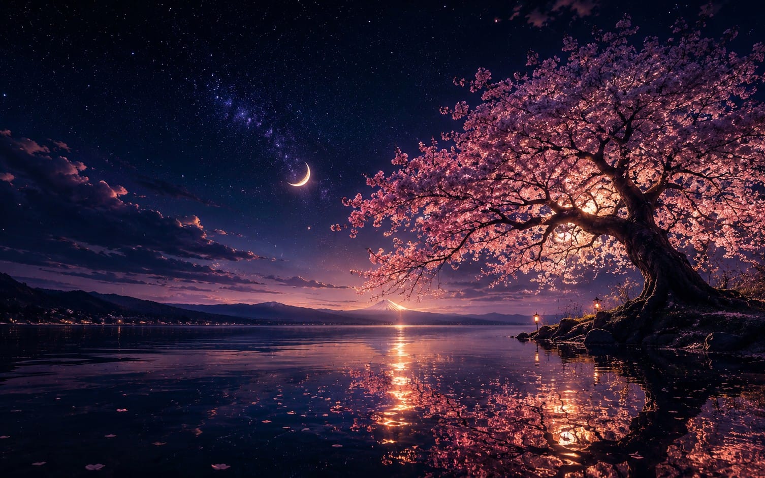 Dreamy Cherry Blossom Lake at Night with Mount Fuji and Crescent Moon