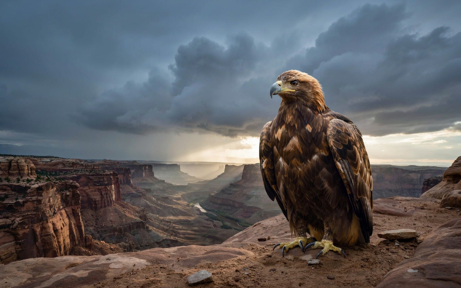 Golden eagle perched on a canyon ledge under stormy clouds in a dramatic wildlife wallpaper