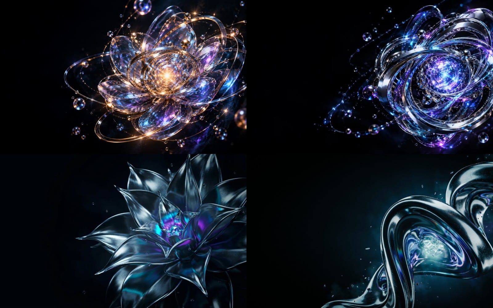 Set of four futuristic abstract galaxy wallpapers with chrome swirls and glowing spheres for desktop backgrounds