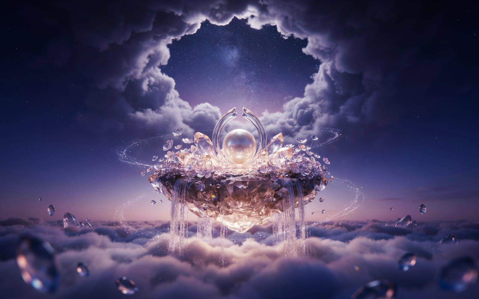 Fantasy celestial crystal ornament floating above starry clouds with glowing purple night sky wallpaper design