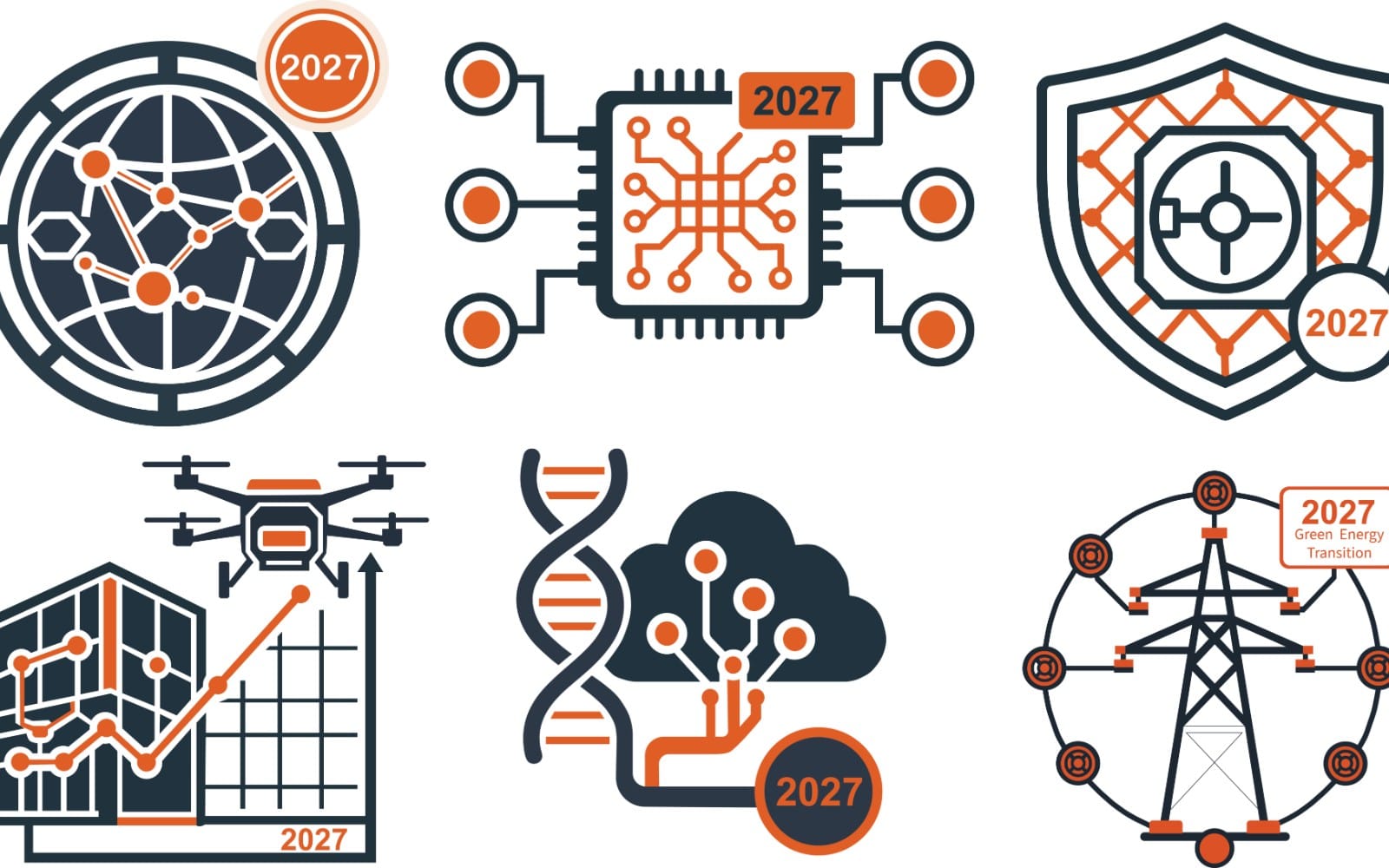 2027 Enterprise Strategic Roadmap and Future Technology Vector Icons Set