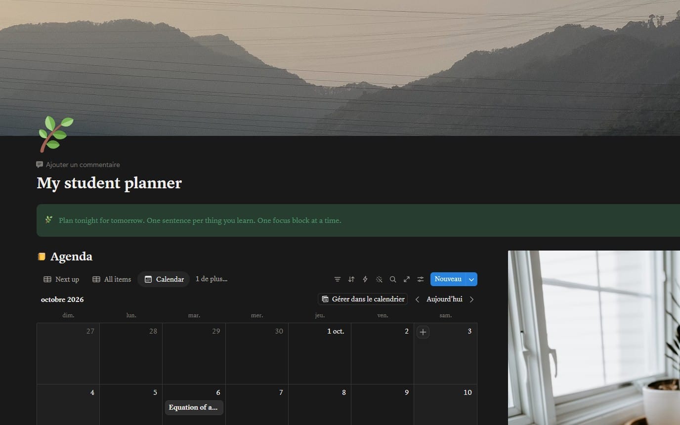 Digital student planner dashboard with agenda calendar layout and green UI header