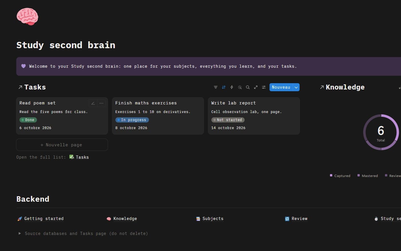Digital dashboard template showing Study second brain with tasks cards, progress counters, and knowledge section