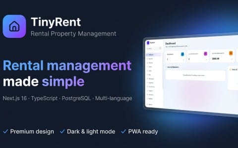 TinyRent rental property management web app screenshot with dashboard UI, dark/light theme, and Next.js branding