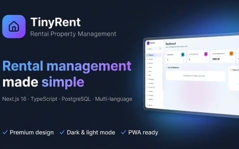 Website banner for TinyRent rental property management extended license Next.js app with dashboard preview screen