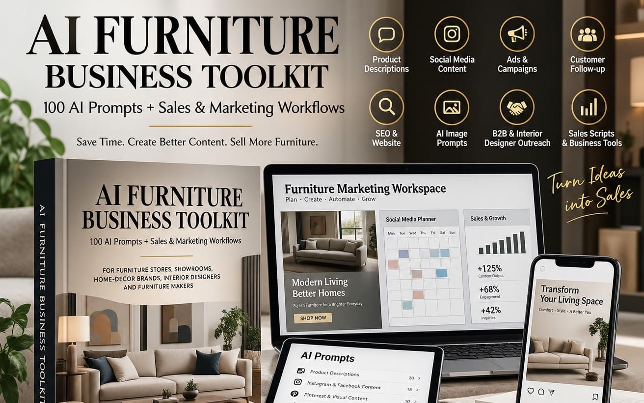 AI Furniture Business Toolkit professional marketing workbook cover and digital dashboard mockup with prompts and charts