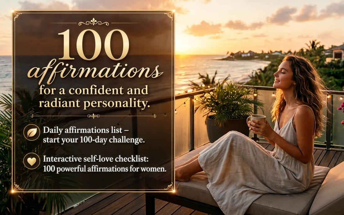 Digital self-love affirmation ebook cover with 100 affirmations and a woman relaxing by a sunset ocean terrace