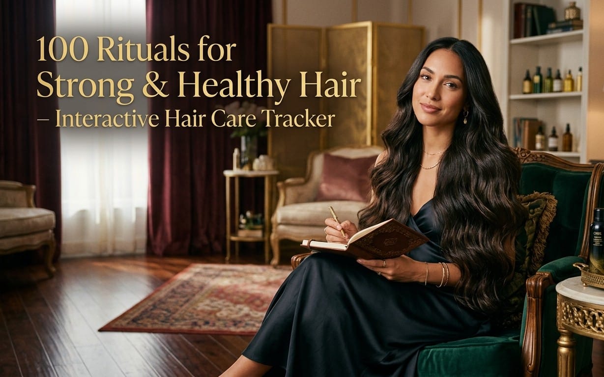 Woman writing in a hair care journal with text 100 Rituals for Strong & Healthy Hair interactive PDF tracker