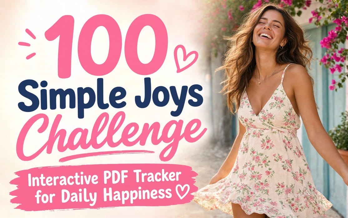 100 Simple Joys Challenge interactive PDF tracker cover with smiling woman in floral dress and daily happiness text