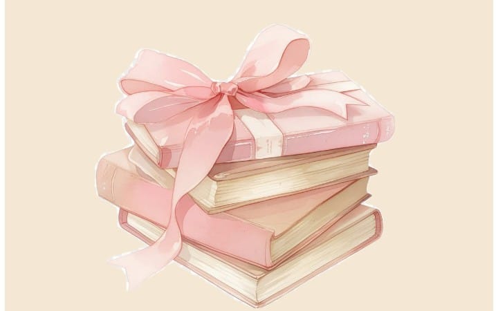 Pila de libros con cinta y lazo rosa, ilustración de libro regalo digital