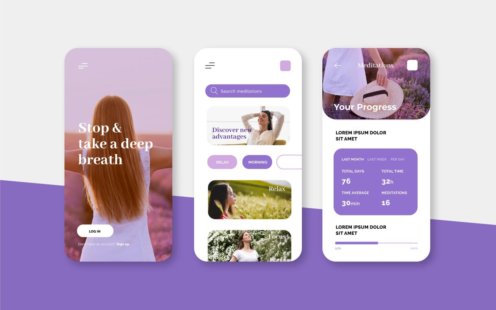 Three smartphone UI mockups for a mediation app with hero banner, search, and progress stats panels template