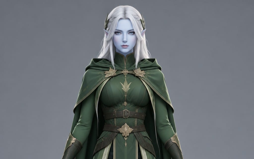 3D character model of an elf woman with long white hair wearing ornate green armor against a gray background