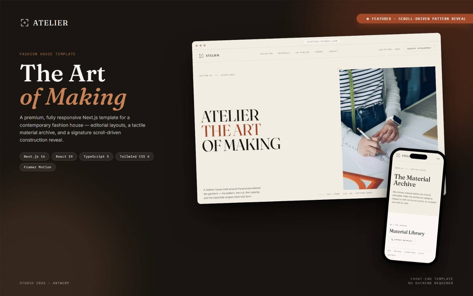 Fashion house website template mockup with laptop and smartphone screens featuring an Atelier branded landing page