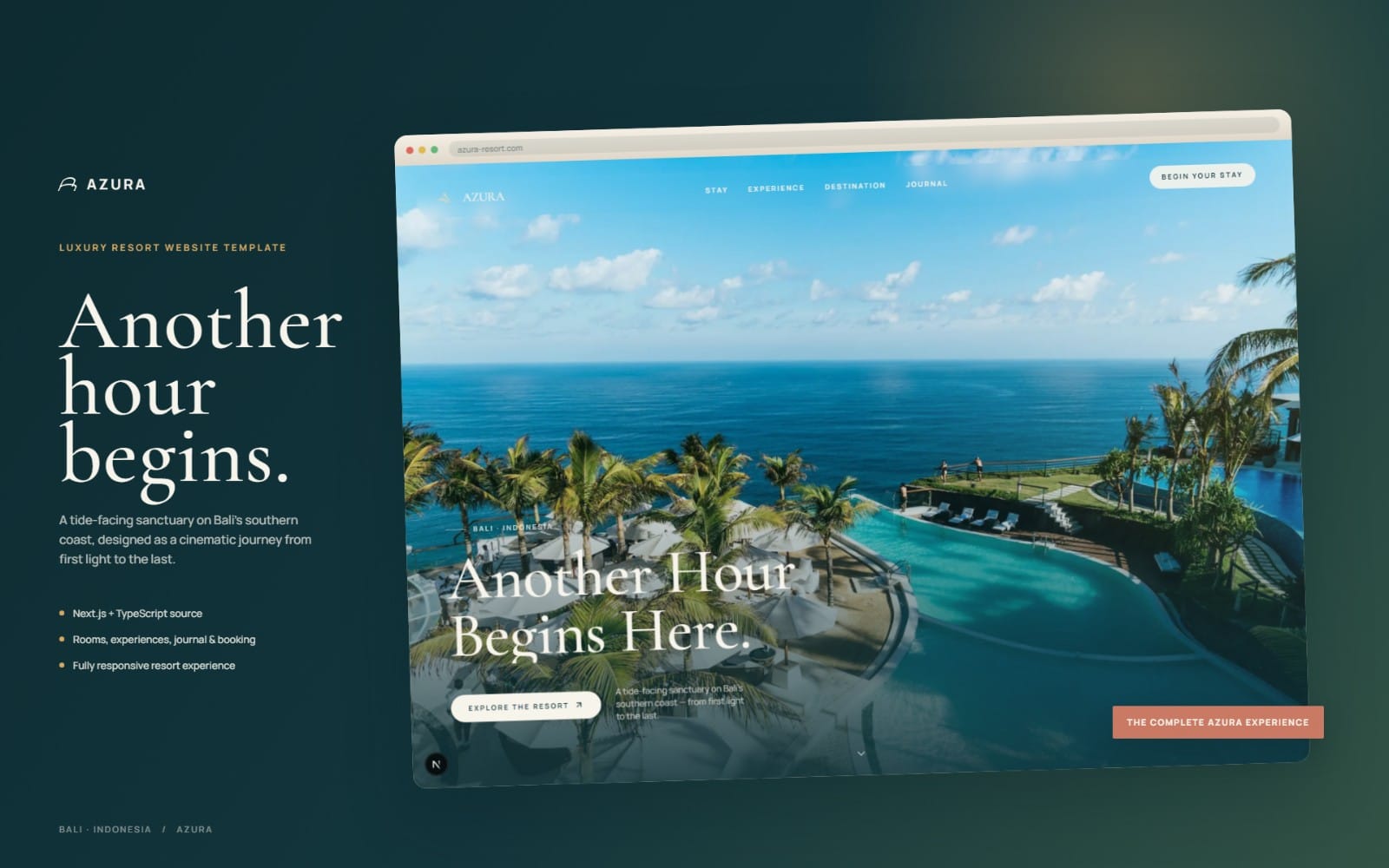 AZURA luxury resort hotel website template showing a cinematic oceanfront pool and tropical palm scenery hero layout