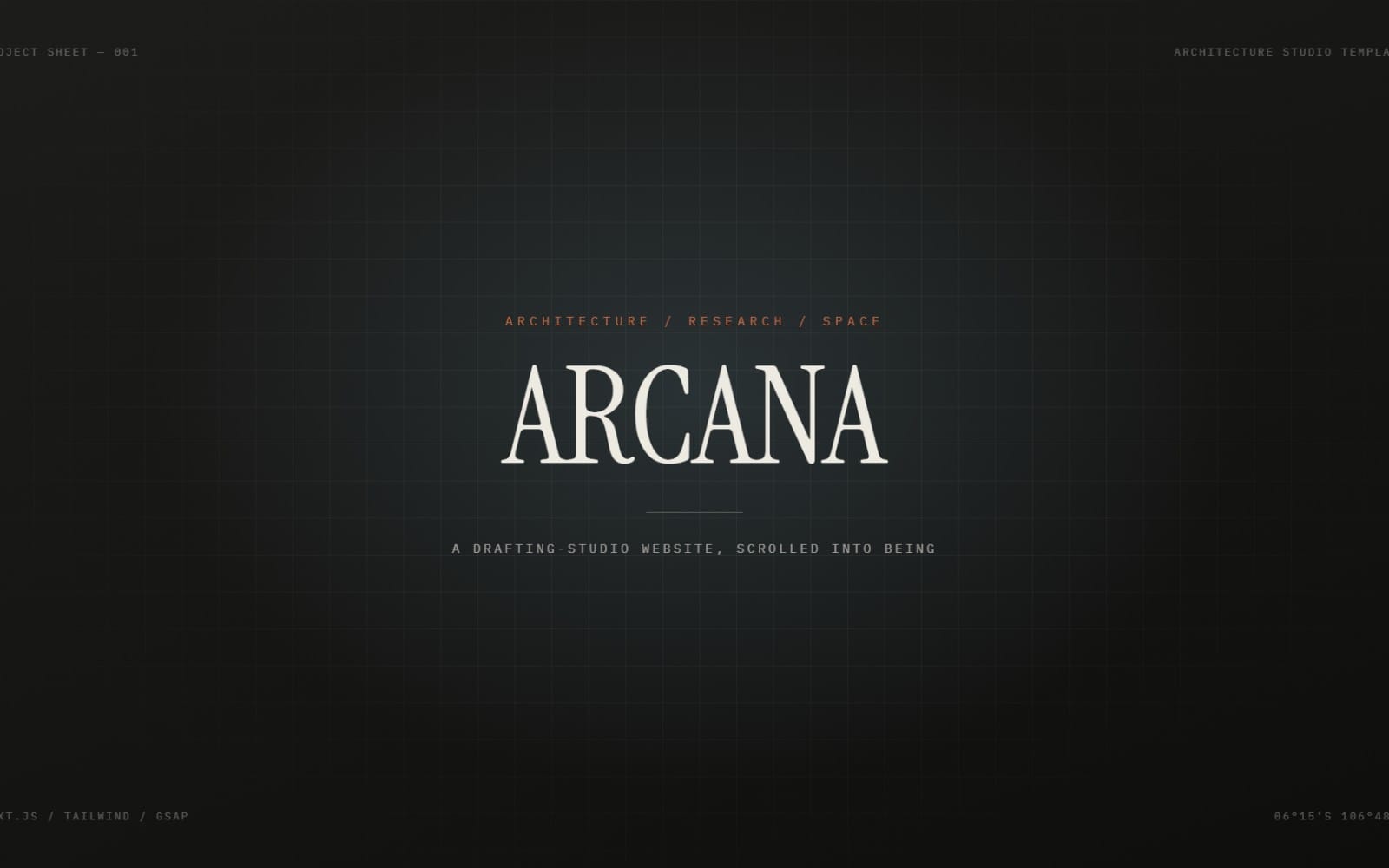 ARCANA architecture studio website template landing screen with dark grid background and centered title text