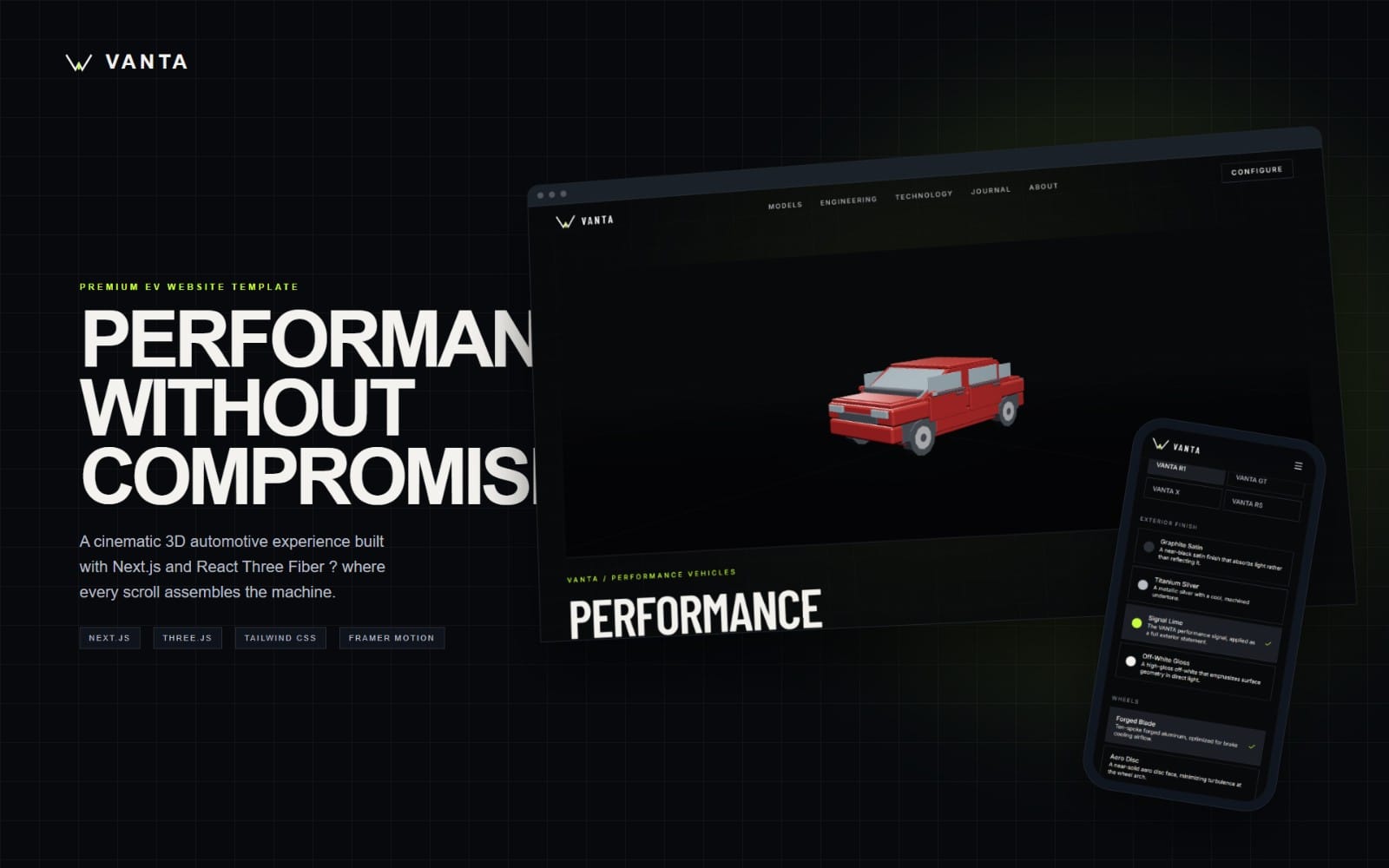 Cinematic 3D automotive website template mockup with red pickup render and device UI panels labeled VANTA